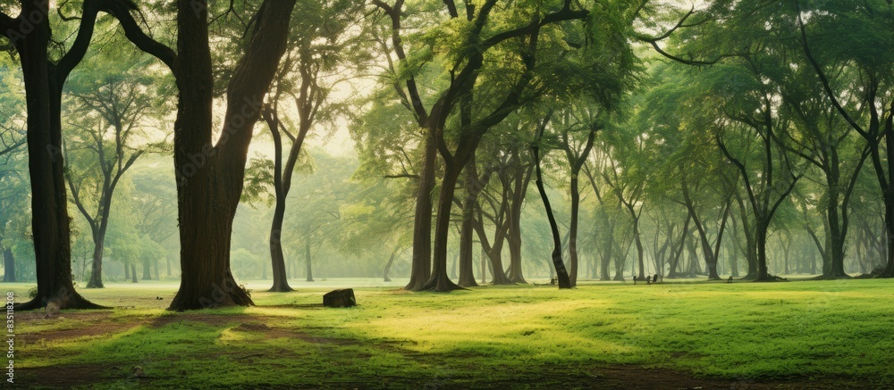 Poster The serene landscape of trees in the park creates a picturesque setting with ample copy space image.