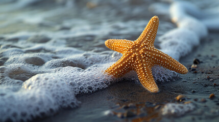 Very Close Of A Beautiful Vibrant Starfish On Sandy Beach On Blurry Background