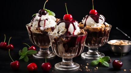 Bowls of ice cream with chocolate sauce, cherries, and toppings,