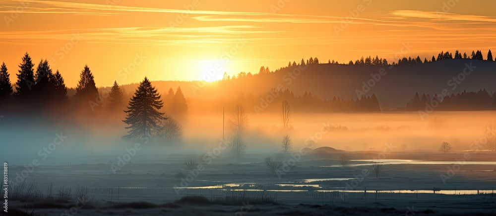 Poster morning fog envelops the rising sun, creating a serene copy space image.