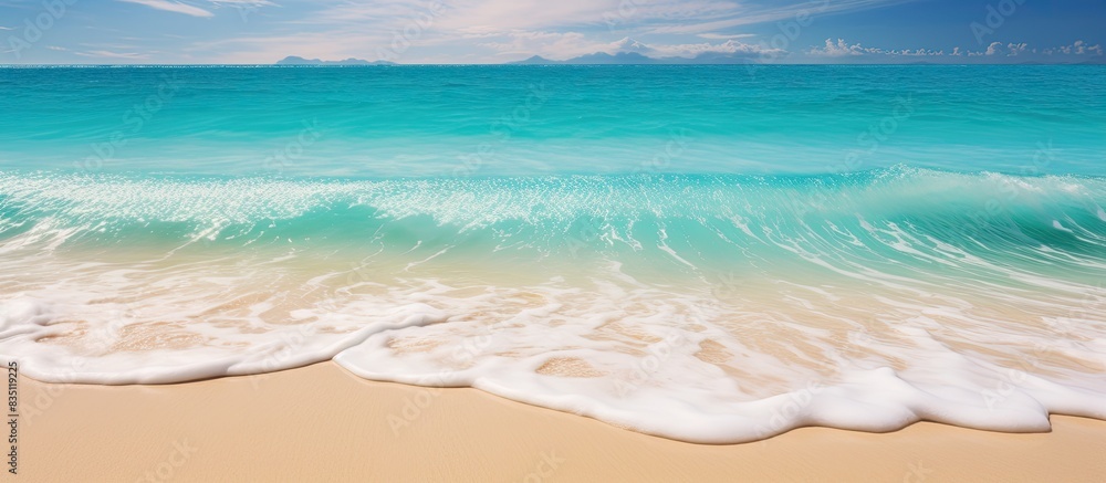 Poster scenic seaside with a vast expanse of sand and a serene ocean view, ideal for relaxing vacations and