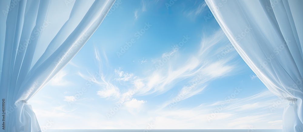 Poster the window is open, allowing the wind to blow the curtain as the sun shines through, with a blue sky