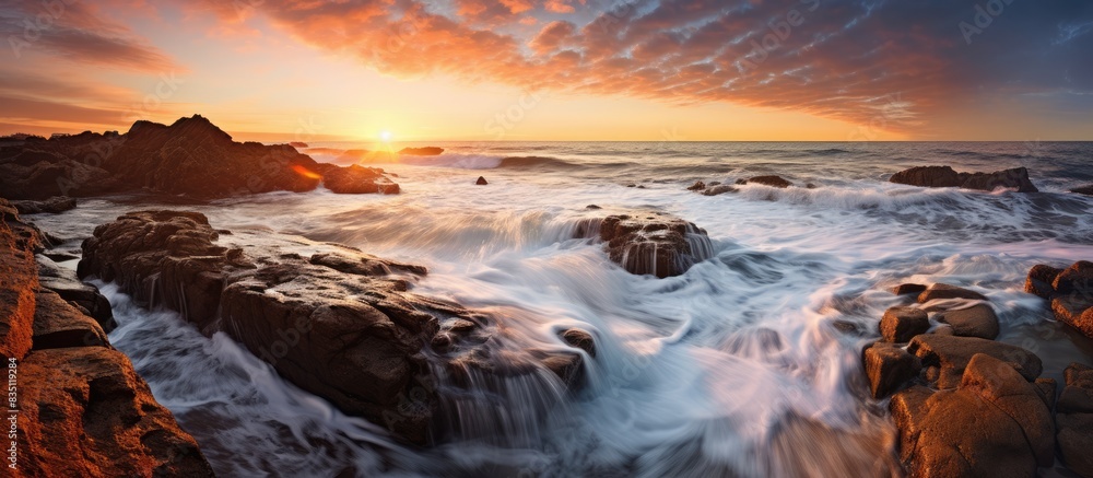 Poster sunset on the beach shore with waves crashing against the rocks, providing a picturesque copy space 