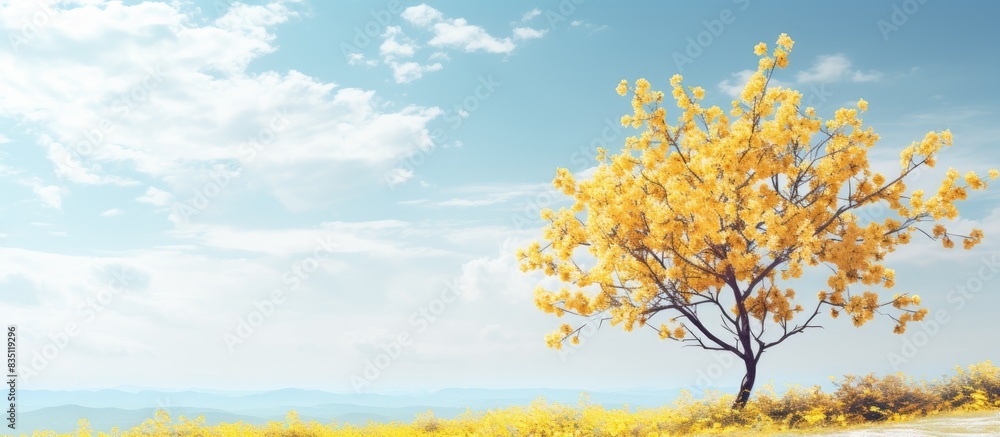 Poster A blossoming tree with yellow flowers swaying in the wind against a clear sky, creating a serene and picturesque scene with copy space image.