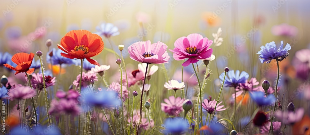 Poster Colorful wildflowers bloom in a spring meadow, creating a vibrant background for a copy space image.