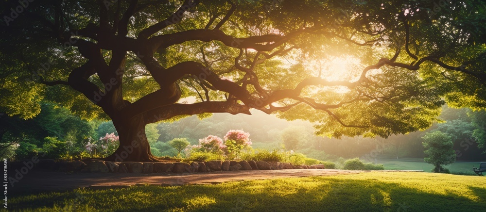Poster sunlight filtering through a large tree in a garden during the evening, creating a picturesque scene