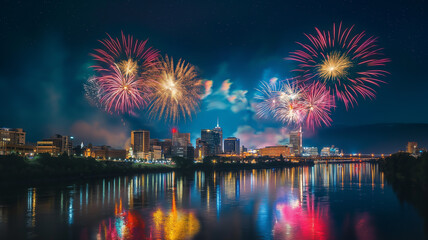 Fototapeta premium A vibrant 4th of July fireworks display over a city skyline, with the reflections shimmering on a river below