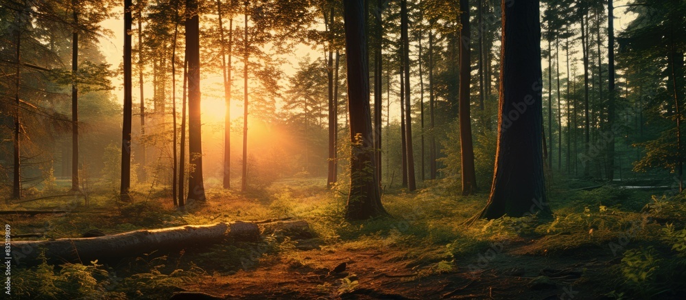 Poster the forest at sunset on a summer evening provides a serene setting with warm colors and a peaceful a