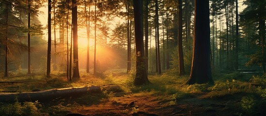 The forest at sunset on a summer evening provides a serene setting with warm colors and a peaceful ambiance, perfect for a copy space image.