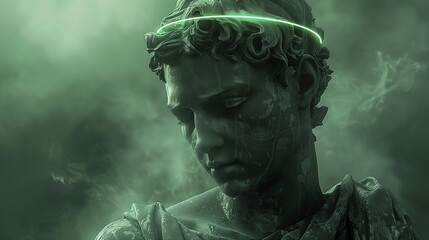 Close Up of an Ancient Statue in Green Fog