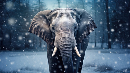 Powerful elephant experiencing a rare winter snowfall
 - Powered by Adobe