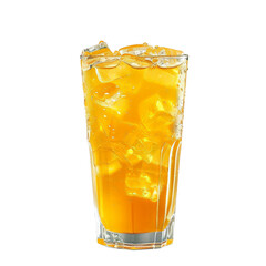 Refreshing glass of orange juice with ice cubes, perfect for summer drinks and health-conscious individuals seeking a cool beverage.