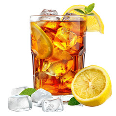Refreshing glass of iced tea with lemon slice, ice cubes, and mint leaves. Perfect summer beverage for cooling down and relaxing.