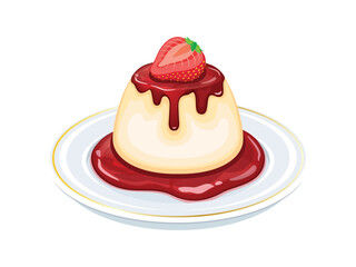 Vanilla Panna Cotta with strawberry sauce vector illustration. Strawberry Panna Cotta on a plate icon isolated on a white background. Gelatin creamy dessert drawing