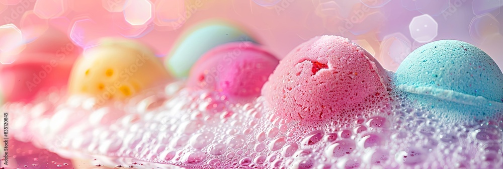 Poster close-up of colorful bath bombs dissolving in a tub, creating a relaxing and bubbly atmosphere. gene