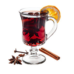 Warm mulled wine with star anise, cinnamon stick, and orange slice in a clear glass mug. A cozy winter beverage for the holidays.
