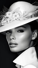 A black and white portrait of a woman wearing a white hat with a veil and a white collared shirt