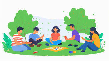 Fototapeta premium A group of friends are sitting on the grass in a park, playing a board game