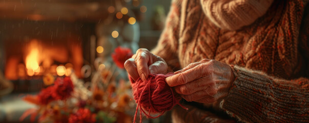 Cozy scene of a person knitting by the fireplace, capturing the warmth and calm of a rustic winter evening indoors with festive decorations.