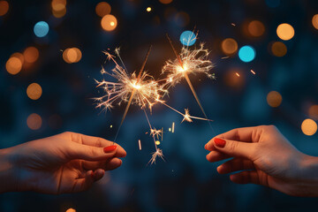 Two hands holding sparklers create a warm and festive atmosphere against a backdrop of colorful bokeh lights, perfect for celebrations and holidays.