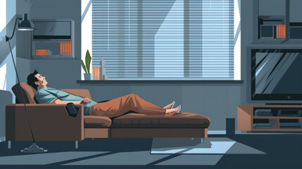 A man is lying on a couch in a living room, relaxed and at ease