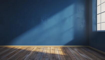 Dark blue wall in an empty room with a wooden floor 