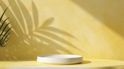 A white ceramic plate sits on a yellow surface, with the shadow of a leafy plant cast on the wall in warm afternoon light.