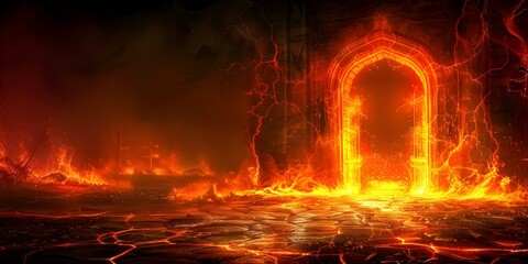 Sinister demonic gate leads to fiery underworld punishing unrighteous souls in flames. Concept Fantasy, Horror, Demons, Hell, Torture,