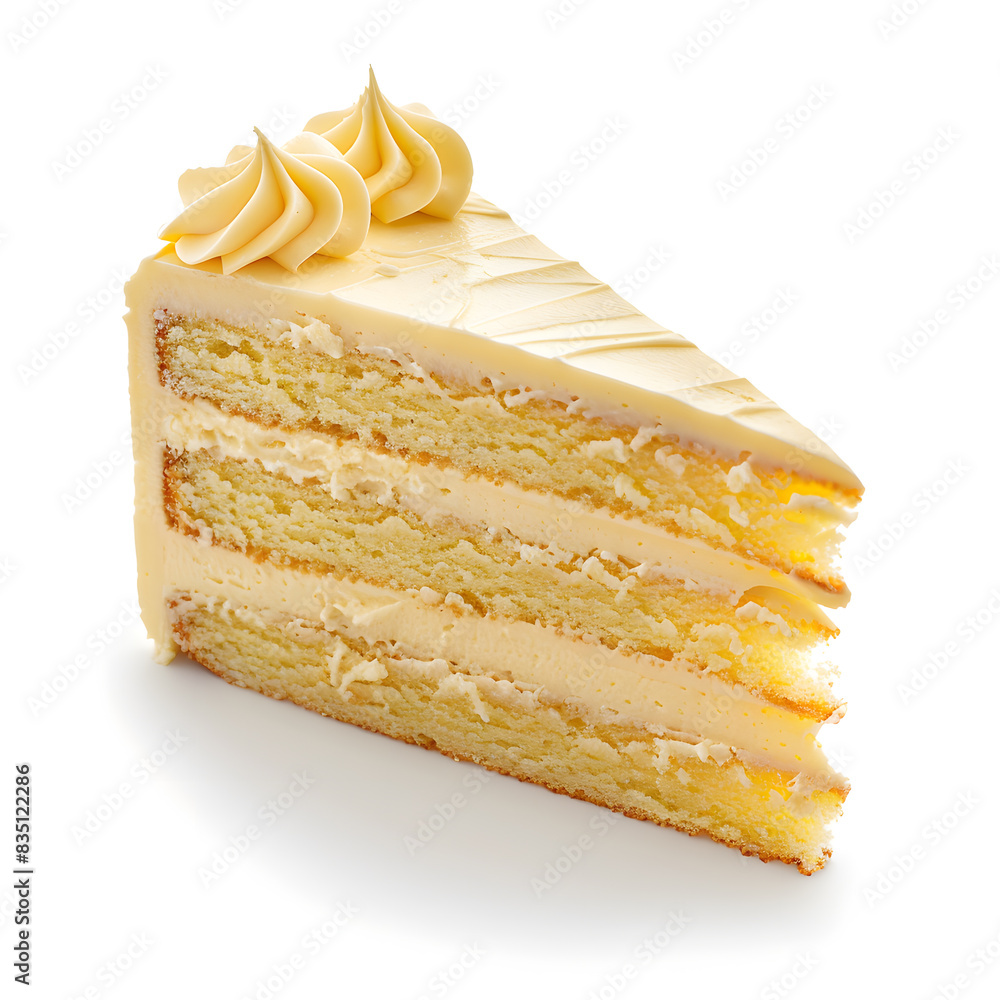 Wall mural Vanilla biscuit cake slice with butter cream isolated on white background - Wall murals