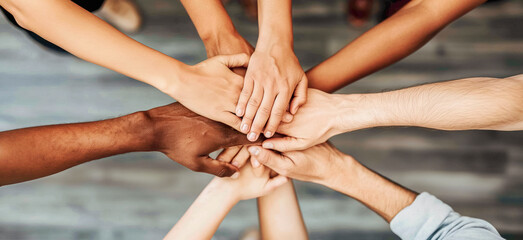 Diverse hands stacked together in a symbol of unity and teamwork, shot in natural light with a blurred background, conveying a concept of cooperation. Generative AI