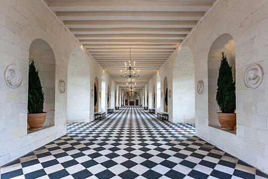 Castle of Chenonceau, Loire region, France -June 14, 2014: Interior of the castle, the corridor of the bridge over the river