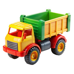 Naklejka premium A colorful plastic dump truck toy isolated on a transparent background. The truck is yellow, green, and red, and has a black chassis