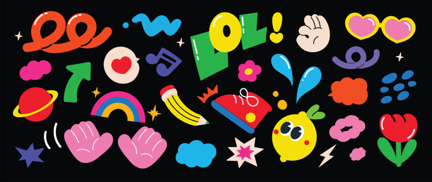 Set of funky groovy element vector. Collection of cartoon characters, cute doodle dawn, sparkle, hand, lemon, arrow, shoe, flower. Retro hippie design for decorative, sticker, toys and kids.