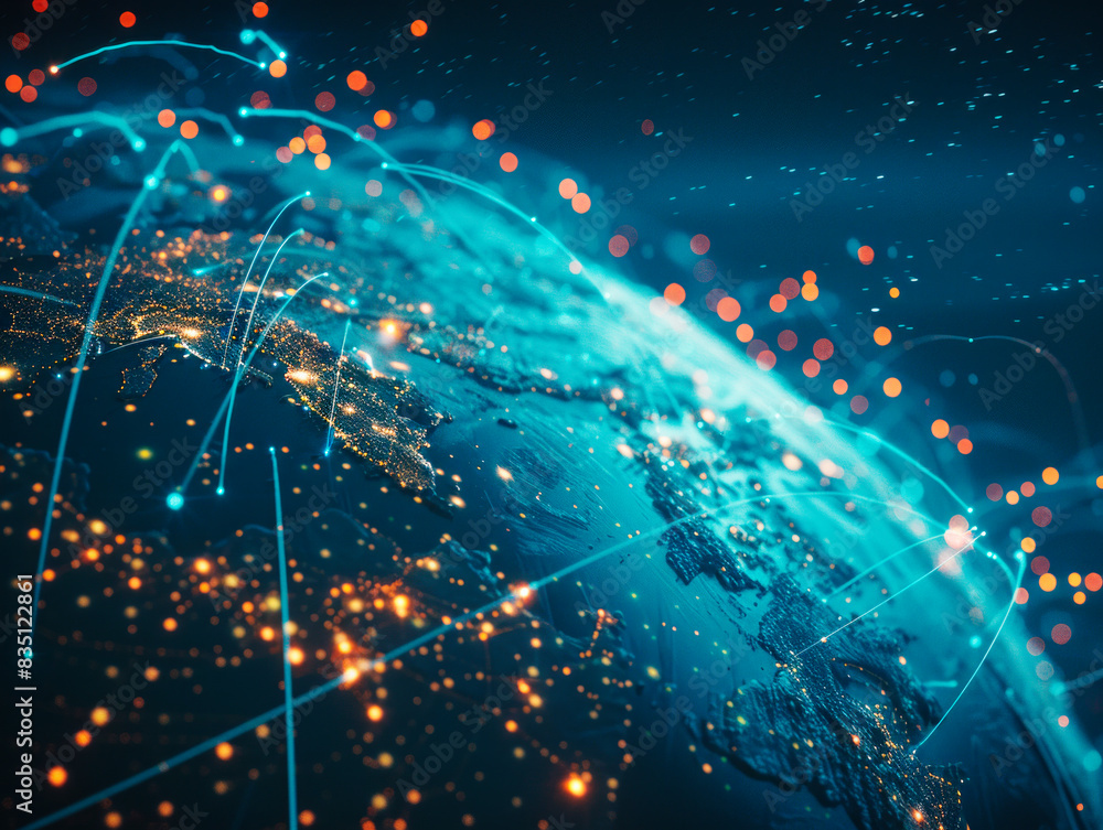 Poster Digital representation of glowing connections on Earth, with a network data concept on a dark blue background. Generative AI