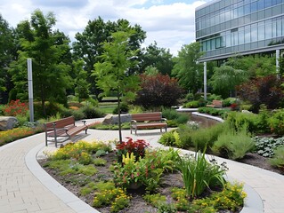Obraz premium Hospital Garden Comfortable Seating Areas in Beautiful Landscaping