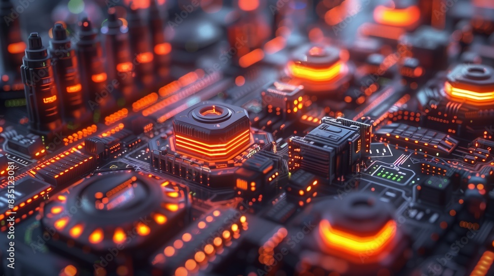 Poster futuristic circuit board with glowing components in a dimly lit laboratory setting
