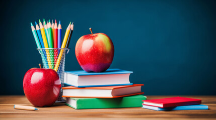 Back to school concept composition featuring a stack of books, a red apple, and pencils