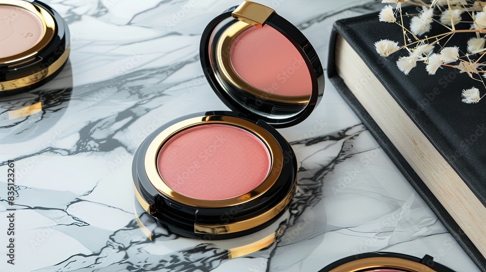 Poster close-up of compact powder and blush containers on a marble surface. generative ai
