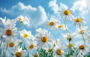 Fototapeta premium Beautiful White-Petaled Daisies Against a Blue Sky Background. Spring or Summer Nature Concept in Macro Shot,