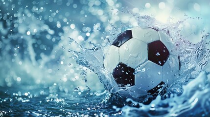 Naklejka premium Soccer ball in water. Water drops around a soccer ball on a blue background