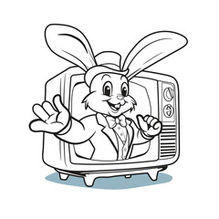 Illustration of a magician rabbit coming out of the television. Ready to watch. Design black and white character part 2!
