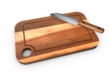 3D rendering of a wooden cutting board and knife on white background