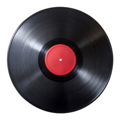 Obraz premium A black vinyl record with a red label, photographed from above, against a transparent background