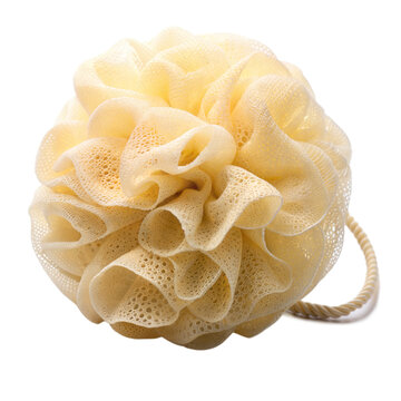 A close-up image of a yellow bath sponge with a rope handle, perfect for cleaning and exfoliating