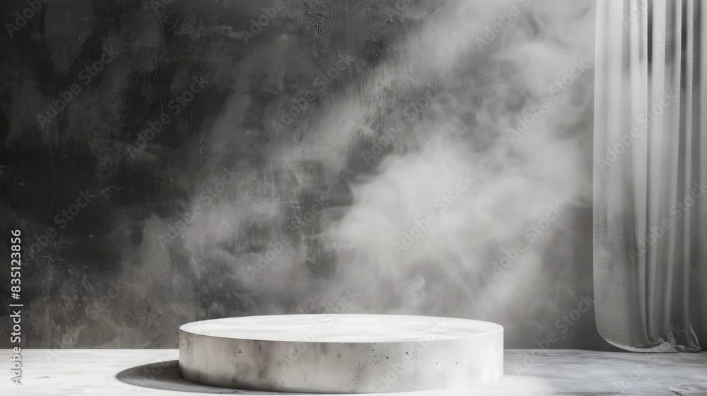 Aufkleber sunlight streams through a window, illuminating a round concrete platform in a minimalist, industria