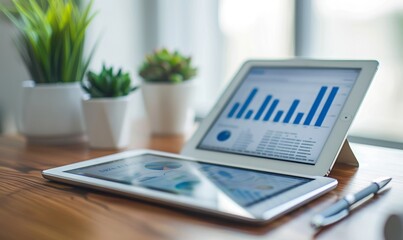 A modern minimalist desk featuring a financial report on a tablet, a stylish pen, and a potted succulent plant.
