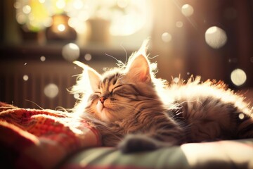 A fluffy kitten basks in warm sunlight, surrounded by dust particles, creating a dreamy and cozy atmosphere.