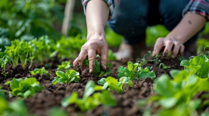 Fototapeta premium Person Planting a Young Plant in Soil to Celebrate National Weed Your Garden Day. Gardening, Nature, and Environmental Care Concepts.