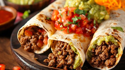 Bright Mexican: Spicy Beef Burritos with bright red tomato salsa Green guacamole and orange cheese 