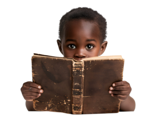 Black kid reading a book die cut PNG style isolated on white and transparent background